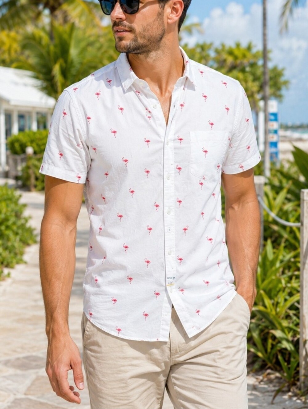 Denim & Flower Flamingo Print Button Up Shirt Men's Size L NWT White Cotton